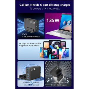 BLACKBIRD Hálózati Töltő GAN 135W 3xUSB-C 20W + 3xUSB 5V, Fekete