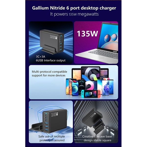 BLACKBIRD Hálózati Töltő GAN 135W 3xUSB-C 20W + 3xUSB 5V, Fekete