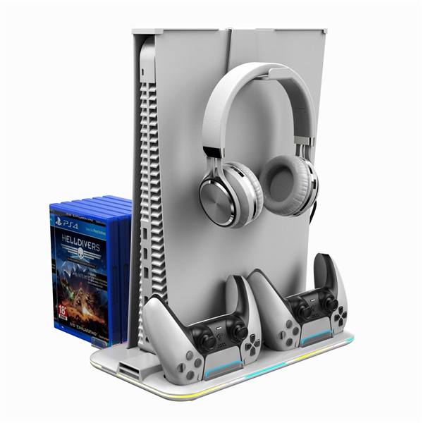 BLACKBIRD PS5 Kiegészítő Konzol hűtő Ventilátoros + Töltő állomás + Játék tartó, Fehér RGB