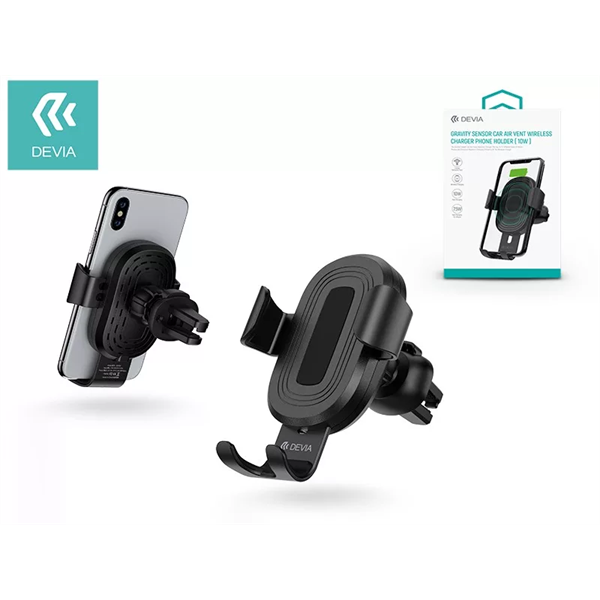 DEVIA SZELLŐZŐRÁCSBA ILLESZTHETŐ VEZETÉK NÉLKÜLI AUTÓS TÖLTŐ/TARTÓ, 5V/2A, FEKETE