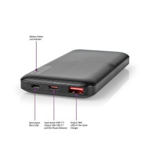 Nedis UPBKPD10000BK powerbank, hordozható külső akkumulátor, power bank 10000mAh