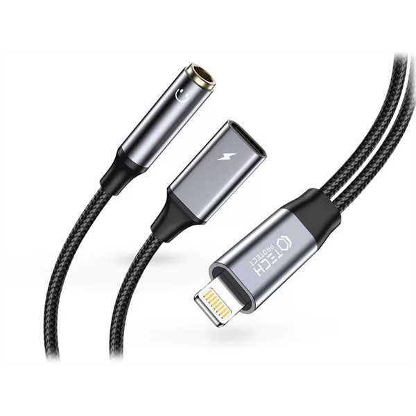 TECH-PROTECT LIGHTNING - 3,5 MM JACK + LIGHTNING ADAPTER, FEKETE/SZÜRKE