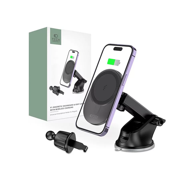 TECH-PROTECT QI VEZETÉK NÉLKÜLI, SZELLŐZŐRÁCSBA ILLESZTHETŐ/MŰSZERFALRA SZERELHETŐ AUTÓS TARTÓ/GYORSTÖLTŐ