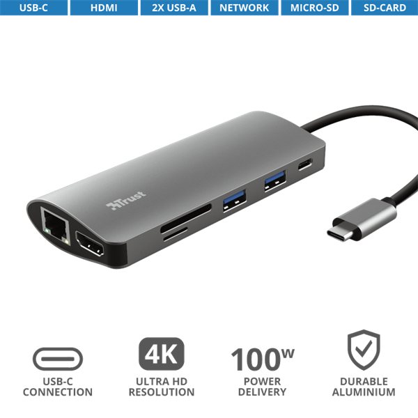 TRUST Hétfunkciós USB-C többportos adapter 23775 (Dalyx 7-in-1 USB-C Multiport Adapter)