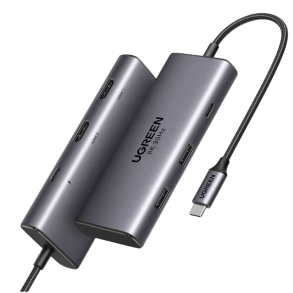 UGREEN Dokkoló állomás 6 az 1-ben, 8K@30Hz, Dual Monitor, USB HUB, Dual HDMI 2.0 és 2.1, 2x USB-A, USB-C, 100W, szürke
