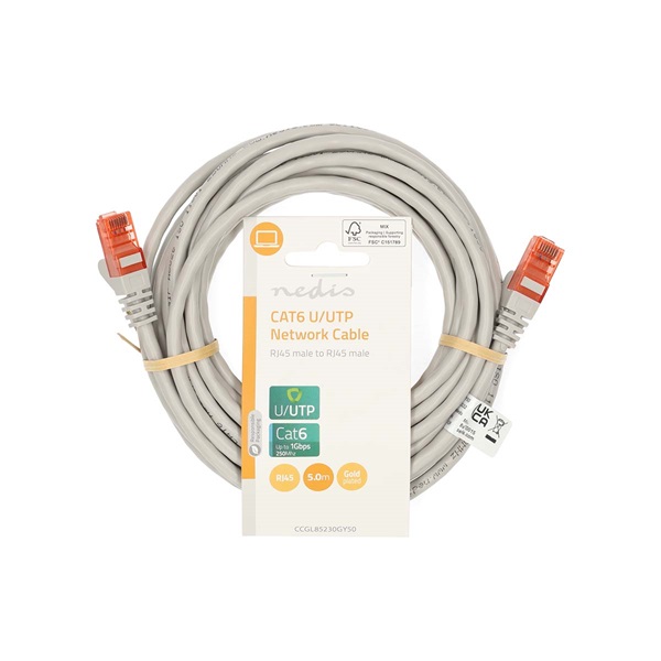 Nedis CCGL85230GY50 UTP Cat6 patch kábel, RJ45 aranyozott érintkezők, hossz 5m