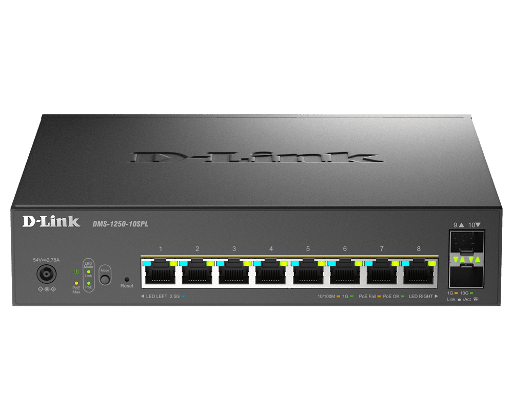 D-LINK Switch 8x2.5Gbps(POE) + 2xSFP+ Multi-Gigabit Fémházas Asztali, DMS-1250-10SPL/E