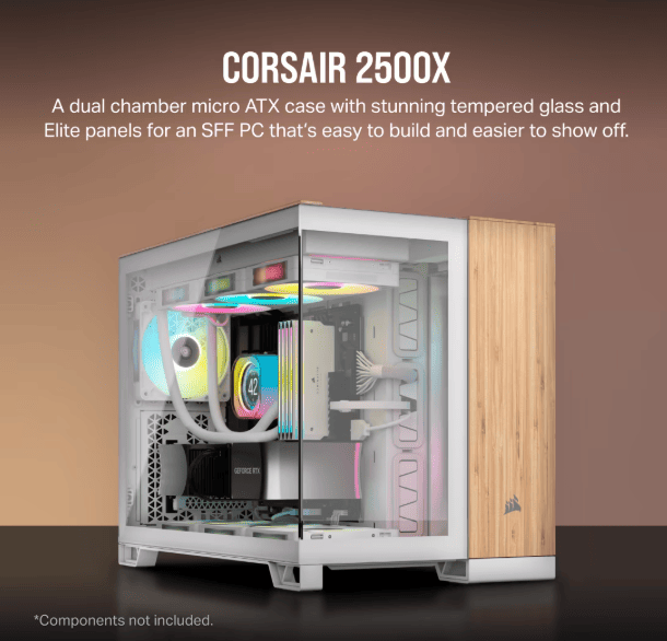 Corsair 2500X TG Dual-chamber táp nélküli ablakos MT Mini Tower számítógépház fehér-barna