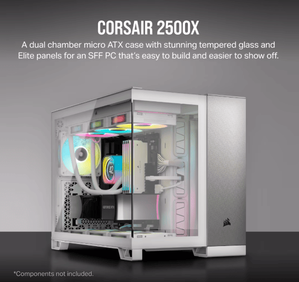 Corsair 2500X TG Dual-chamber táp nélküli ablakos MT Mini Tower számítógépház fehér-szürke