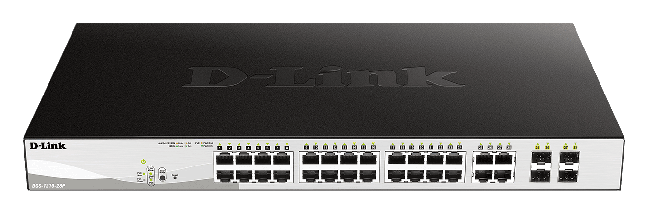 D-LINK Switch 24x1000Mbps (24xPOE) + 4xGigabit kombó SFP Menedzselhető Rackes, DGS-1210-28P/E