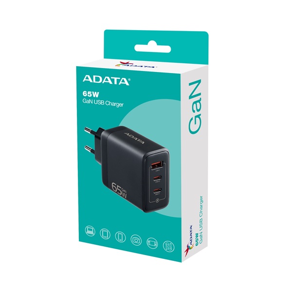 ADATA Fali gyorstöltő, GaN, Fekete, 65W, US csatlakozó