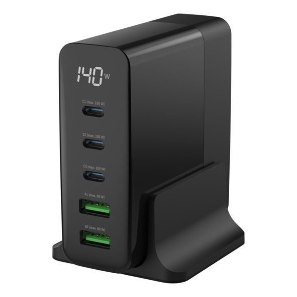ANSMANN Asztali töltő USB, 140 W, kijelzős, 5 portos, 2x USB-A, 3x USB-C, fekete
