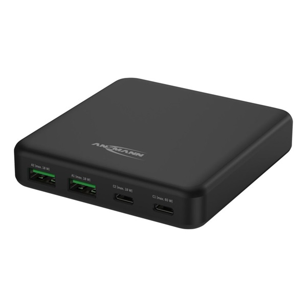 ANSMANN Asztali töltő USB, 65 W, 4 portos, 2x USB-A, 2x USB-C, fekete
