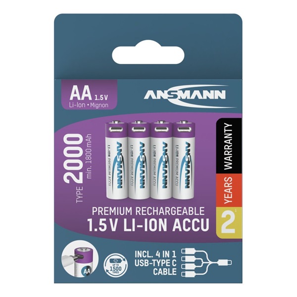 ANSMANN akku, Li-ion, Lítium, ceruza, AA, 2000 mAh, USB-C kábellel tölthető, 4 db