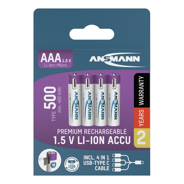 ANSMANN akku, Li-ion, Lítium, micro ceruza, AAA, 500 mAh, Játékvezérlőkhöz is, USB-C kábellel tölthető, 4 db