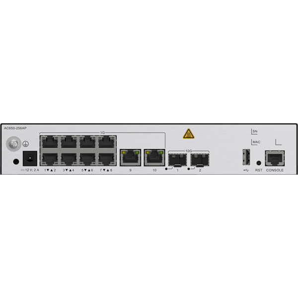 Huawei eKit Vezeték Nélküli Access Kontroller 10x1000Mbps + 2x10GE (SFP+) + 1konzol port, max 256 AP - AC650-256AP