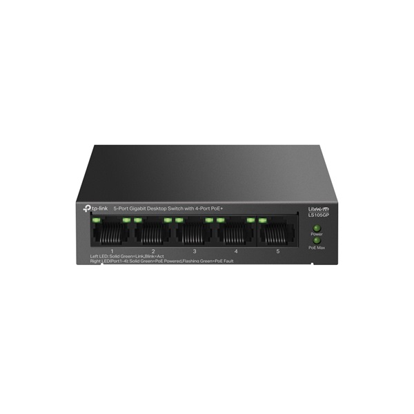 TP-LINK Switch 5x1000Mbps (4xPOE+) Fémházas Asztali, LS105GP