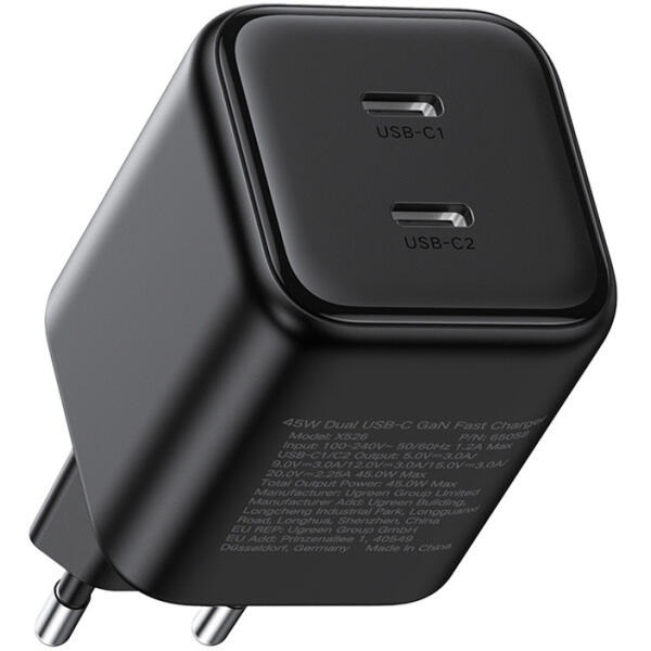 UGREEN X526 hálózati töltő 2 Type-C aljzat 45W, gyorstöltő, FEKETE
