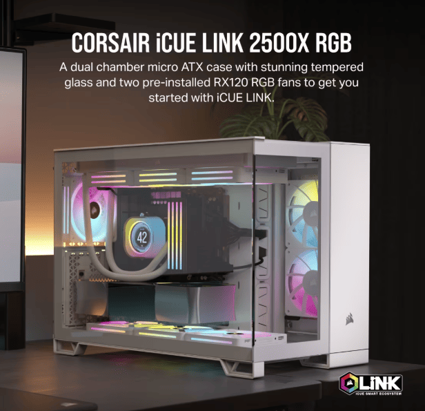 Corsair 2500X RGB Dual-Chamber táp nélküli ablakos Mid Tower számítógépház fehér