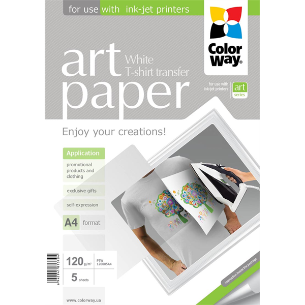 COLORWAY Fotópapír, pólóra vasalható (ART T-shirt transfer, white), 120 g/m2, A4, 5 lap