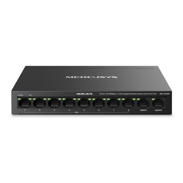 MERCUSYS Switch 8x100Mbps(8xPOE+) + 2xLAN(1000Mbps), Fémházas Asztali/Rackes, MS110CMP