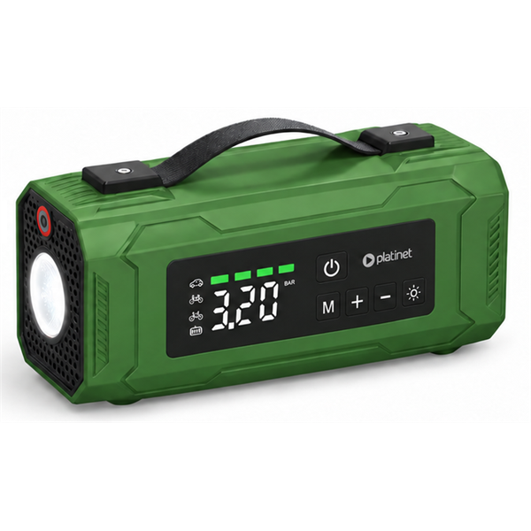 PLATINET külső akkumulátor autóindító, Jump Starter, Indító, 15200mAh, 2000A, légkompresszorral, 25 l/perc, LED, zöld