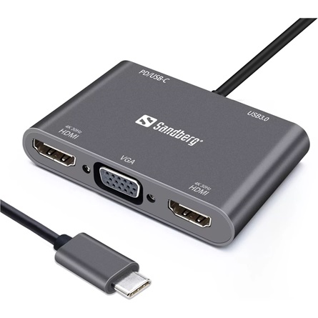 SANDBERG USB-C dokkoló, USB-C Dock 2xHDMI+1xVGA+USB+PD