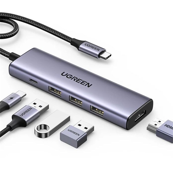 UGREEN Dokkoló állomás 5 az 1-ben, 4K@30Hz, USB HUB, HDMI 1.4, 3x USB-A 3.0, USB-C, 100W, szürke