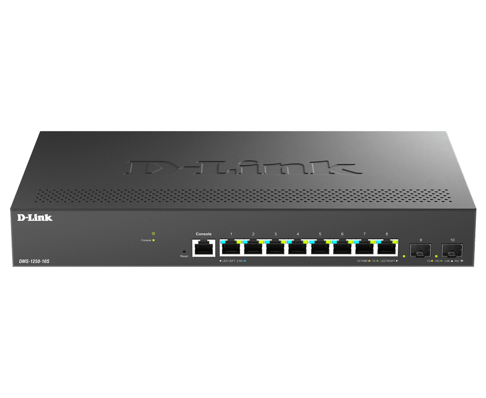 D-LINK Switch 8x2.5Gbps + 2xSFP+ Multi-Gigabit Fémházas Asztali, DMS-1250-10S/E