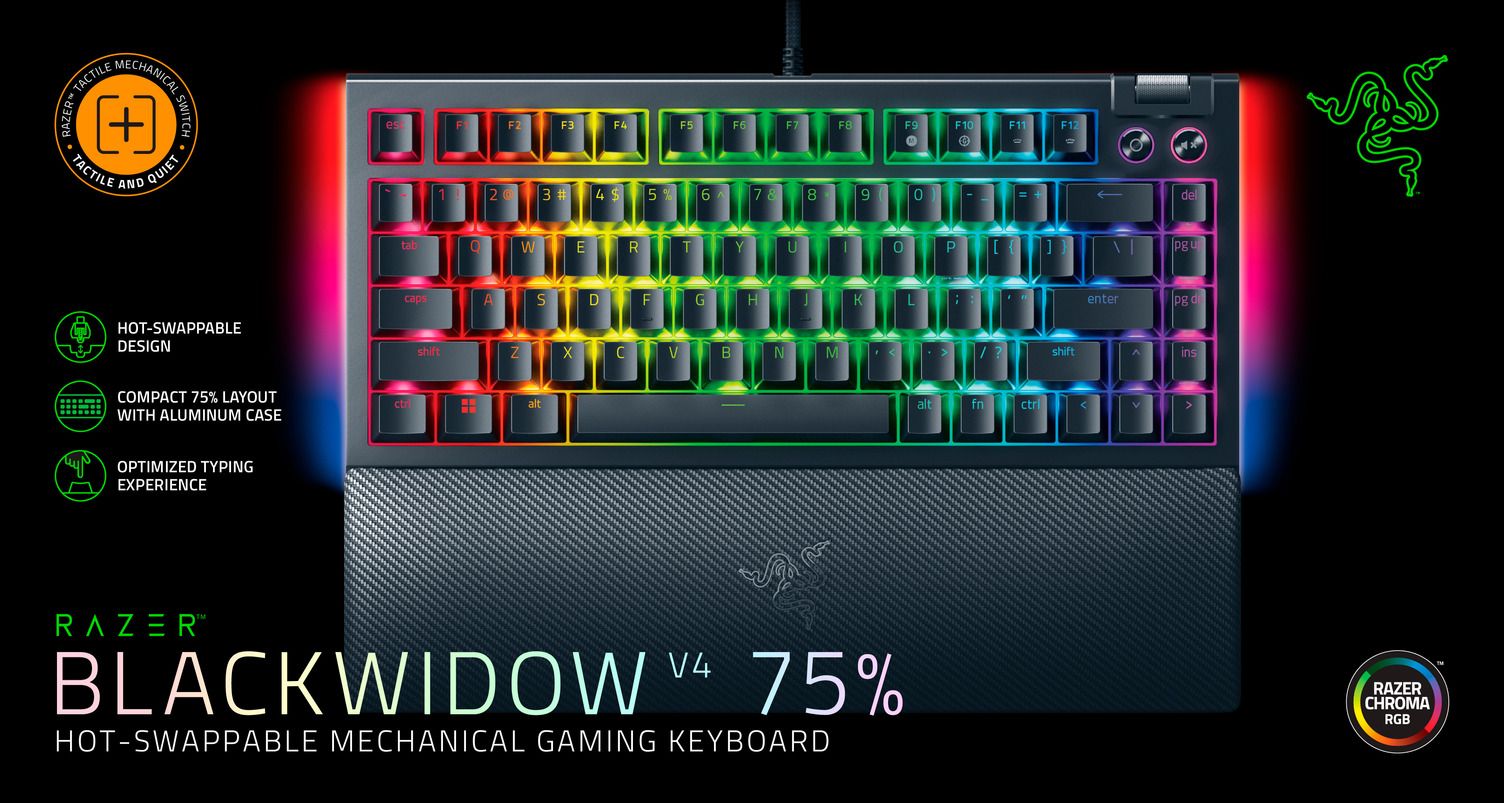 Razer BlackWidow V4 75% USB angol (US) gaming Tactile Quiet mechanikus billentyűzet fekete