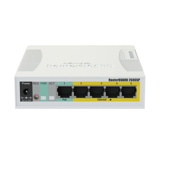 MIKROTIK Switch/Router RB260GSP 5x1000Mbps (POE Out) + 1x1000Mbps SFP, Asztali, CSS106-1G-4P-1S