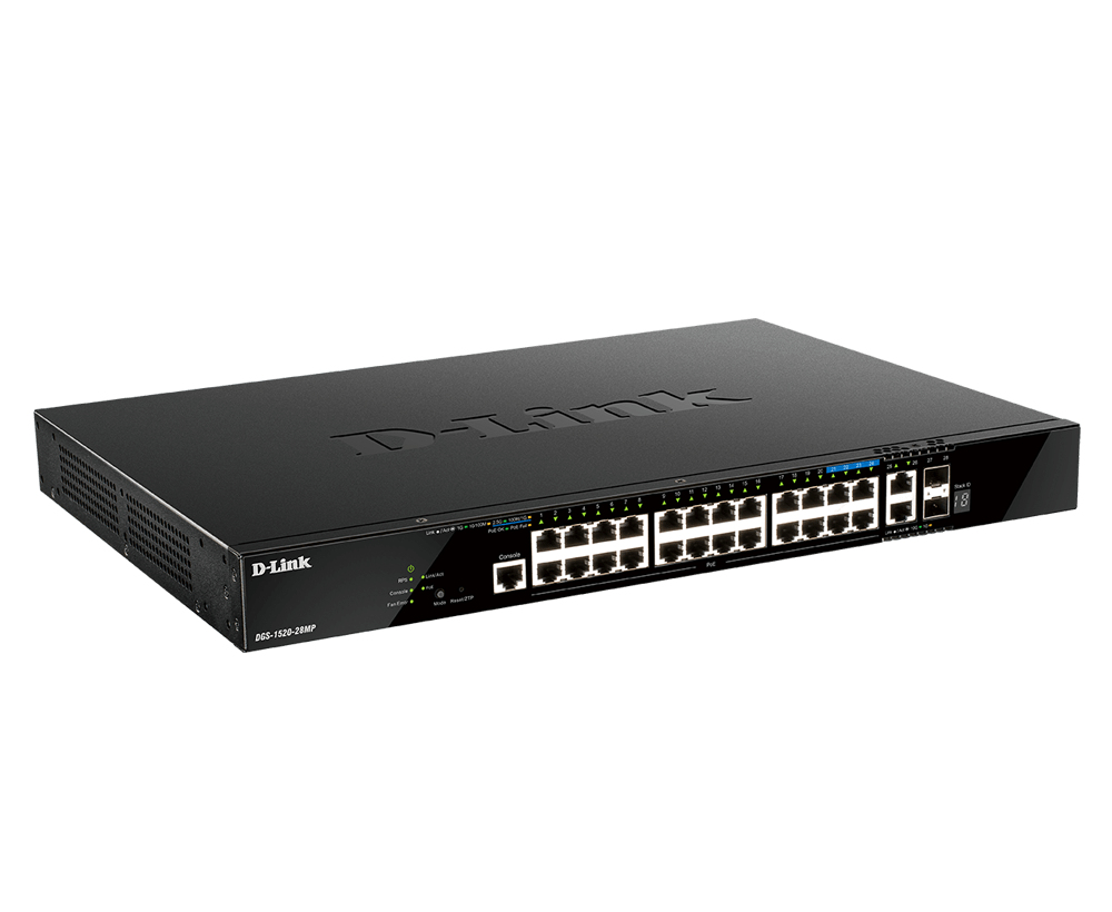 D-LINK Switch 24x1000Mbps(24xPOE) + 2x10G + 2xGigabit SFP+ Menedzselhető Rackes, DGS-1520-28MP/E
