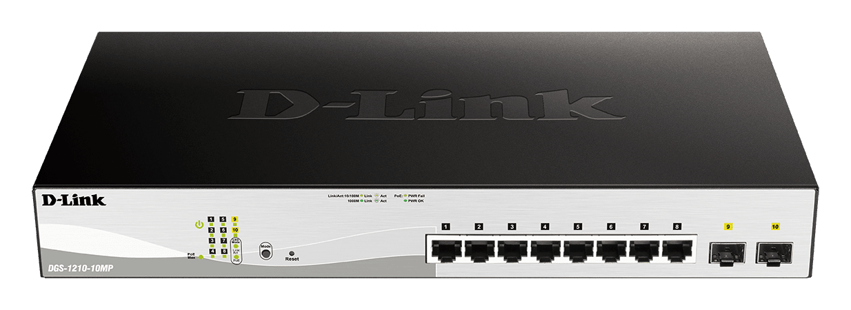 D-LINK Switch 8x1000Mbps (8xPOE) + 2xGigabit SFP Menedzselhető Rackes, DGS-1210-10MP/E