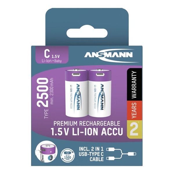 ANSMANN akku, Li-Ion, Lítium, Baby C típusú 2500 (min. 2300 mAh) 2500 mAh, 1.5V, USB-C kábellel tölthető, 2db