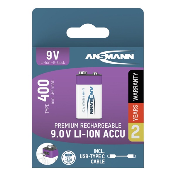 ANSMANN akku, Li-ion, Lítium, E típusú 9 V, 400 mAh, Mérőműszerekhez is, USB-C kábellel tölthető, 1 db