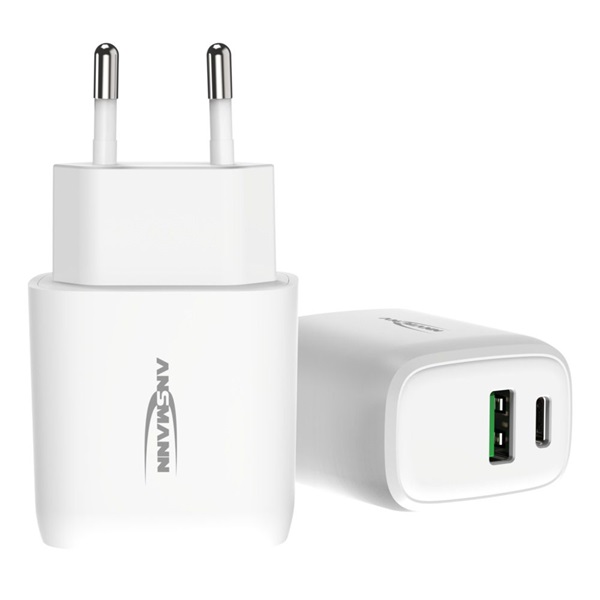 ANSMANN hálózati töltő USB Töltő, 2 portos, USB-A, USB-C, 20W, fehér