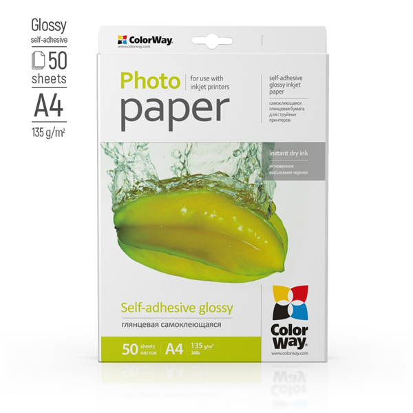 COLORWAY Fotópapír, fényes öntapadó (glossy self-adhesive), 135 - 80g/m2, A4, 50 lap