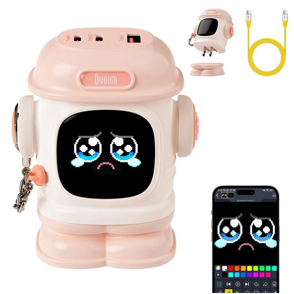 DIVOOM hálózati töltő, Pixel Art LED kijelzővel, GAN, 65W, Multi töltés, 2x USB-C, 1x USB-A, EU dugóval, pink