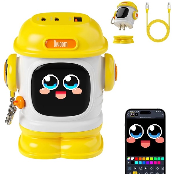 DIVOOM hálózati töltő, Pixel Art LED kijelzővel, GAN, 65W, Multi töltés, 2x USB-C, 1x USB-A, EU dugóval, sárga