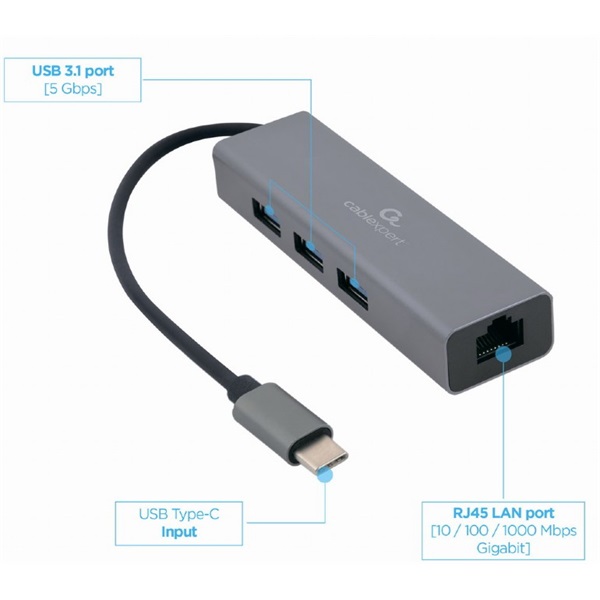 GEMBIRD Adapter USB-C, Gigabit ethernet, 0,17m