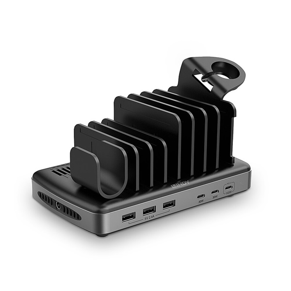 LINDY 3x USB-A, 3x USB-C töltő/töltőállomás mobiltelefonokhoz, tabletekhez, okos órához 160W, 6 port