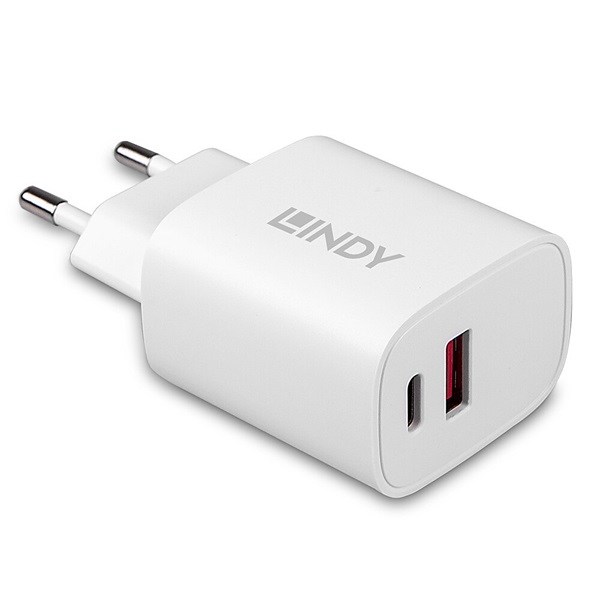 LINDY Fali töltő, hálózati töltő, 1x USB-A, 1x USB-C, 20W, fehér