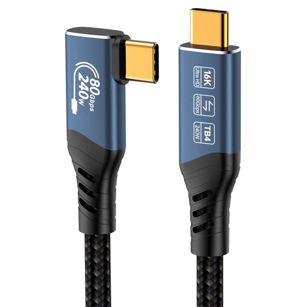 PREMIUMCORD Kábel USB4 USB-C - USB-C, 90° fokos, 80 Gbit/s, 240W, 16K@60Hz, M/M,  1m, fekete