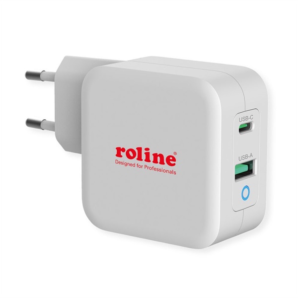 ROLINE Fali töltő, 1x USB3.0 USB-A + 1x USB-C, 65W, fehér
