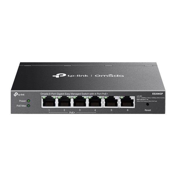 TP-LINK Switch 6x1000Mbps (4xPOE+) Fémházas Easy Smart (Omada), ES206GP