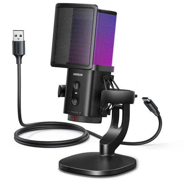UGREEN Mikrofon asztali, Gamer, Streamer, RGB világítással, Zajszűréssel, USB-A, fekete