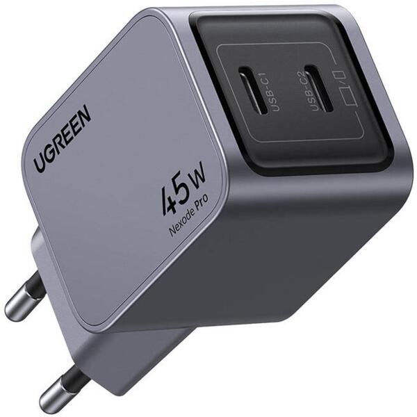 UGREEN Nexode Pro hálózati töltő Tech Charger, 45W, 2 Port, GaN, PD, 2x USB-C, szürke