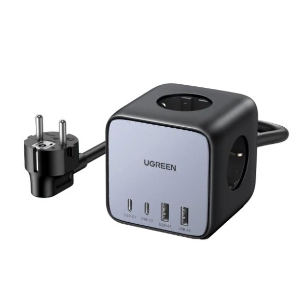 UGREEN PowerCube 7 az 1-ben hálózati elosztó, 65W, DigiNest Cube, 2x USB-C, 2x USB-A, 3x SCHUKO, 1,8m, fekete