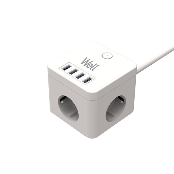 WELL Hálózati elosztó Powercube, 3-as, túlfeszvédős, 4x USB-A, kapcsolóval, 3m, fehér