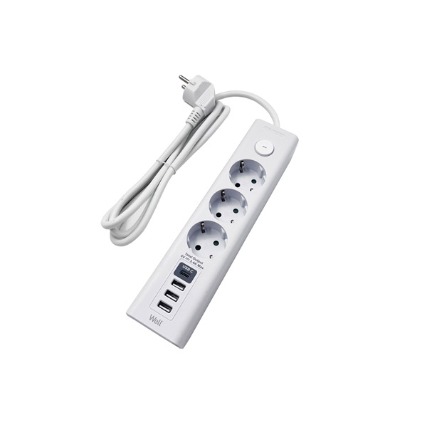 WELL Hálózati elosztó 3-as, 3x USB-A, 1x USB-C, 3m, fehér